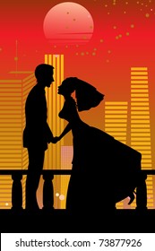 Vector illustration of cool bride and groom on the urban romantic background