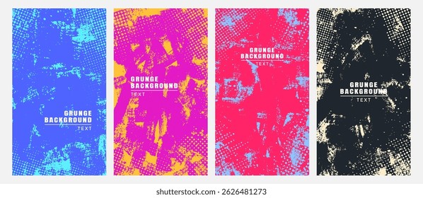 Vector illustration. Cool bright wallpapers with paint brush strokes and halftone texture. Hand drawn abstract color backgrounds set. Design elements for flyer, voucher, coupon, leaflet, social media