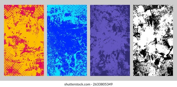 Vector illustration. Cool bright wallpapers with paint brush strokes and halftone texture. Hand drawn abstract color backgrounds set. Design elements for flyer, leaflet, voucher, vertical background