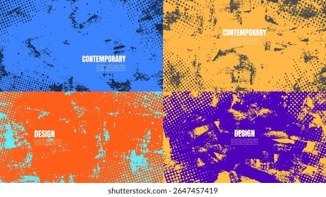 Ilustração vetorial. Papel de parede brilhante fresco com pinceladas de tinta e textura de meio-tom. Conjunto de planos de fundo de cor abstratos desenhados à mão. Elementos de design para banner web horizontal, apresentação, papel de parede