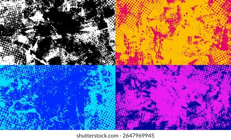 Vector illustration. Cool bright wallpapers with paint brush strokes and halftone texture. Hand drawn abstract color backgrounds set. Design for horizontal presentation, web banner, wallpaper