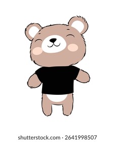 vector illustration of cool brown teddy bear wearing black t-shirt and white background