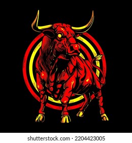 vector illustration cool bull with red and gold color vintage illustration