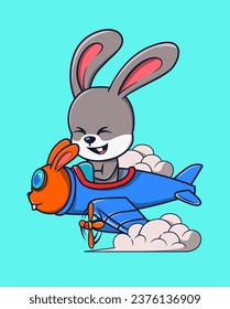 vector illustration of a cool bunny riding an airplane. cute animal icon concept