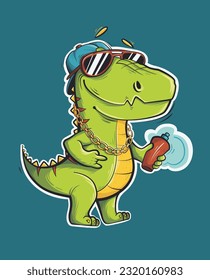 Vector illustration of a cool cartoon dinosaur wearing glasses, a cap and with a graffiti spray