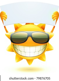 Vector Illustration Of Cool Cartoon Happy Summer Sun In Sunglasses With Blank Banner