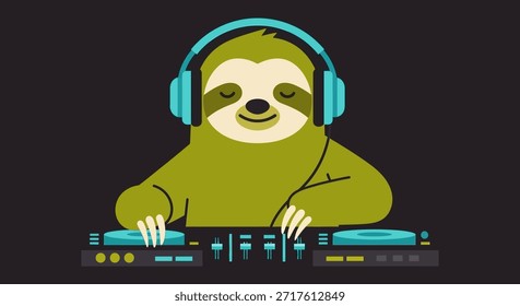 Una Ilustración vectorial de un divertido DJ perezoso de dibujos animados con auriculares y mezclando música en tocadiscos. El diseño es minimalista y lúdico, perfecto para los amantes de la música y los entusiastas de los animales. Esta Imagen