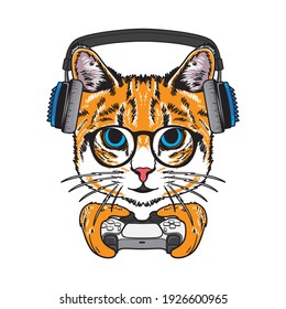 vector illustration cool cat holding gaming controller flat cartoon style