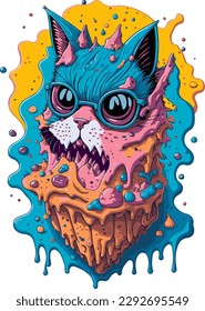 Vector illustration of a cool cat with sunglasses in melted ice cream. Colorful creative illustration with liquid shapes and colorful splashes