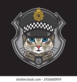 Vector Illustration Cool Cat Wearing Vintage Police Hats Flat Cartoon Style