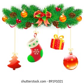 Vector illustration of cool Christmas composition with evergreen branches, red bow and ribbon