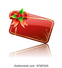 Vector illustration of cool Christmas decorated gift card with bow, holly leaves and berries