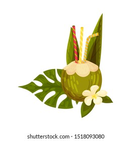 Vector Illustration Of Cool Cocktail In Green Coconut Shell With Straws, Palm Leaves And Vanilla Flower