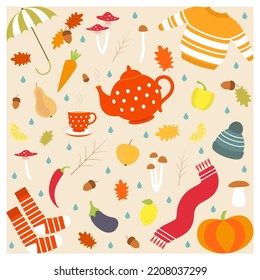 Vector illustration. A cool collection of autumn icons. Clothes, mushrooms, fruits, vegetables