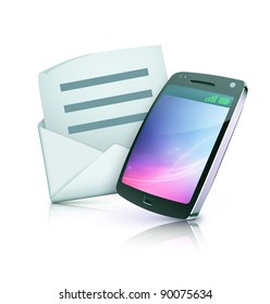 Vector illustration of cool detailed cell phone icon with open envelope