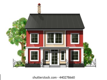 Vector illustration of  cool detailed family  house.  Private residential architecture. Traditional cottage in flat style. Real estate icon. Villa facade. Vintage style house.