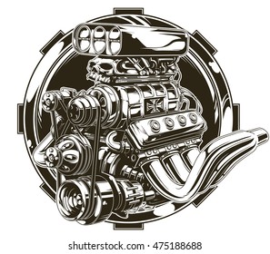 A vector illustration of Cool detailed hot road motor engine with skull tattoo