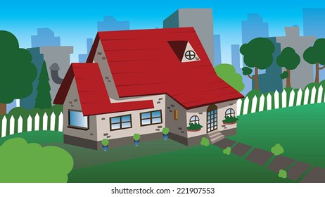 Vector illustration of cool detailed house with detailed backyard and garden. City, red house, green, fields.