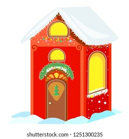 Vector illustration of a cool detailed red home icon isolated on a white background. House with icicles. Christmas lights.