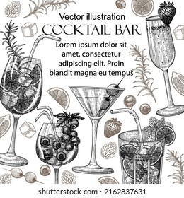 Ilustración vectorial de la plantilla de banner de bebidas frescas en estilo grabado. Aluminio lineal gráfico, mojito, champán de fresa, cóctel de berry, martini
