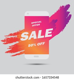 Vector illustration cool flat smartphone sales banner, special online offer or discount flyer, sale up to 50 off. With cool ink brush stroke in the background