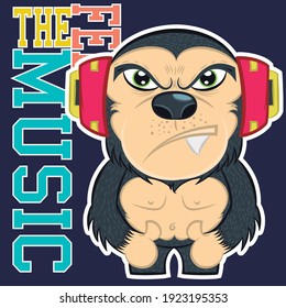 vector Illustration of a cool gorilla with headphones and text in background for fashion design