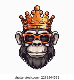 Vector illustration of cool gorilla monkey king smile wearing crown and glasses