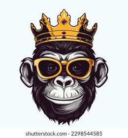 Vector illustration of cool gorilla monkey king smile wearing crown and glasses