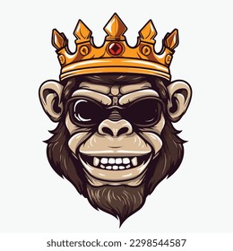 Vector illustration of cool gorilla monkey king smile wearing crown and glasses