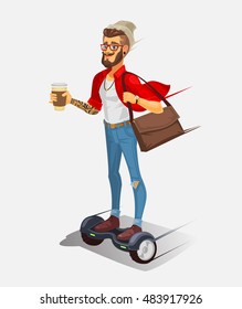 Vektorgrafik eines coolen Hipsters, der auf einem Hoverboard reitet und Kaffee trinken