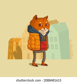 Vector illustration of cool humanized cat. Anthropomorphic cat. Animal character with human body. Calm hipster cat wearing a hoody and down jacket standing still against buildings' silhouettes