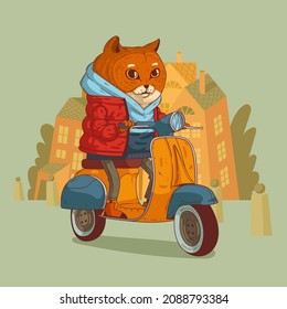 Vector illustration of cool humanized cat riding a scooter. Anthropomorphic cat. Animal character with human body. Calm hipster cat wearing a hoody and down jacket riding yellow retro scooter in style