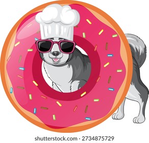 Vector illustration of a cool husky wearing a chef hat behind a frosted donut