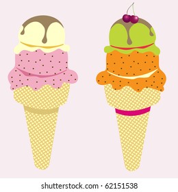 Vector illustration of cool ice cream cones with different flavors