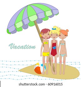 Vector Illustration of cool Kiddie style design summer background with three funny girls