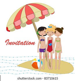 Vector Illustration of cool Kiddie style design summer background with three funny girls
