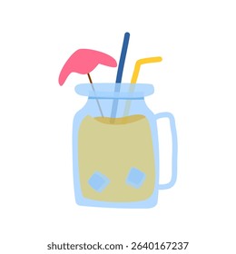 Vector illustration of a cool lemonade drink with ice cubes, straws, and cocktail umbrella served in a mason jar, perfect for summer.
