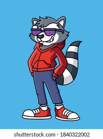 Vector illustration of cool lemurs wear jacket and glasses. Isolated on blue background