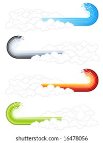 Vector illustration of cool lined splash wave graphic elements coming from a retro cloudscape.