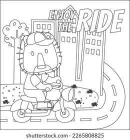 Vector illustration of cool lion and motorcycle funny animal cartoon. Creative vector childish design for kids activity coloring book or page.