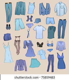 Vector illustration of cool men and women clothes icon set