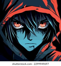 A vector illustration of a cool and mysterious angry anime boy