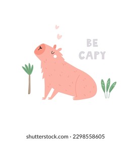 Vector illustration of a cool pink capybara and tropical leaves. Naive illustration for frame arts, decorations, kids prints.