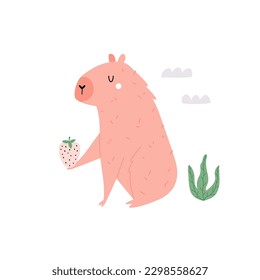 Vector illustration of a cool pink capybara and strawberry. Naive illustration for frame arts, decorations, kids prints.