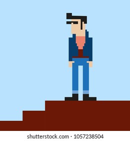 Vector illustration of a cool pixel character standing on stairs on a blue background