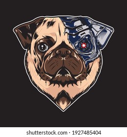 vector illustration cool pug dog vintage robot flat cartoon style