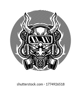 Vector illustration of Cool Samurai Devil Demon with Horn and Gas Mask on the White background. Hand-drawn illustration for mascot sport logo badge label sign poster t-shirt printing. Vector Logo