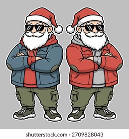 Ilustración vectorial de un personaje de Papá Noel con ropa urbana, incluyendo una sudadera con capucha, chaqueta, gafas de sol, pantalones de carga y zapatillas deportivas. Diseñado en un estilo de mascota de dibujos animados moderno'