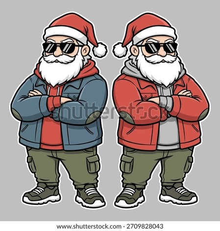 Vector illustration of a cool Santa Claus character wearing urban streetwear, including a hoodie, jacket, sunglasses, cargo pants, and sneakers. Designed in a modern cartoon mascot style'