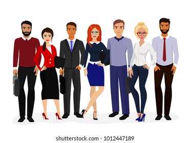 Vector illustration of cool vector set of business characters. International business team, beautiful business women and handsome businessman, group of office workers in flat cartoon style.